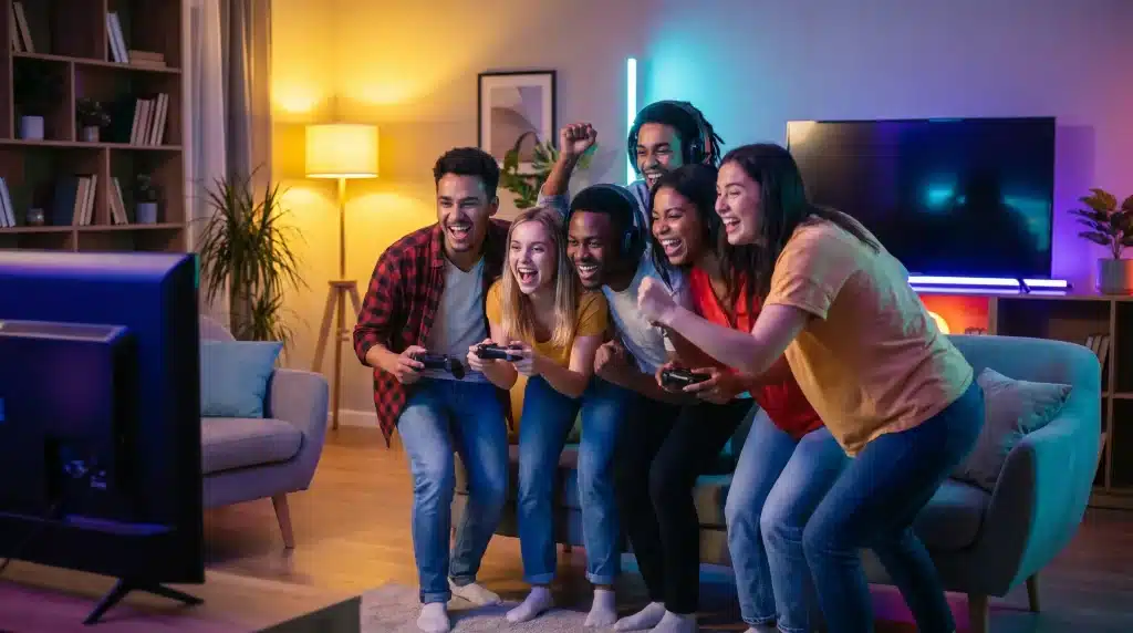 Group of friends enthusiastically playing video games in cozy living room with vibrant lighting