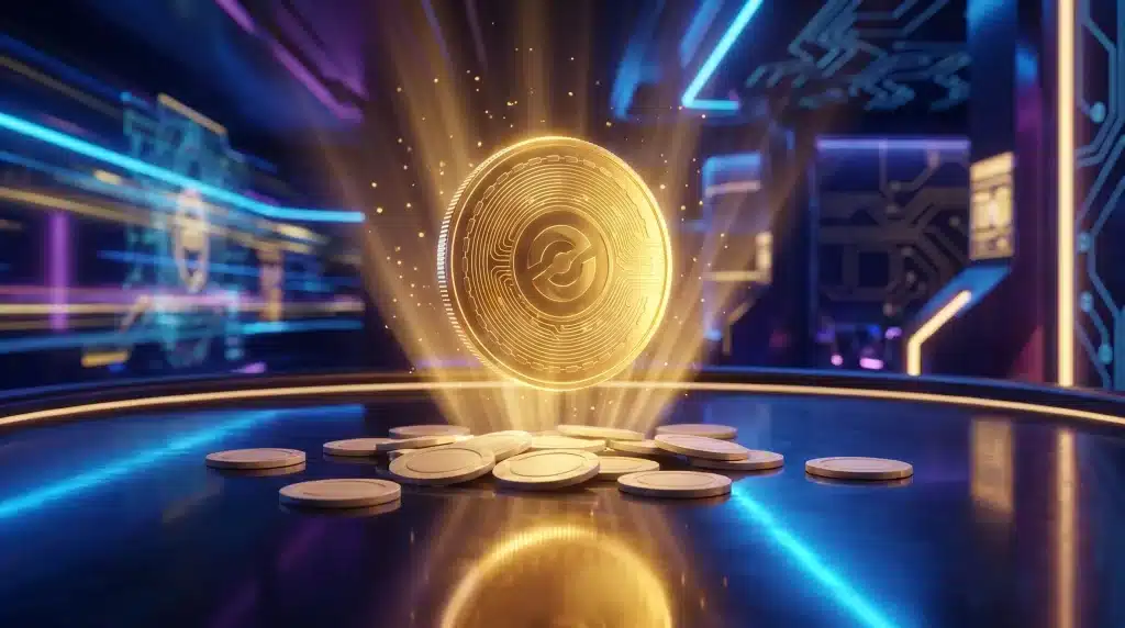 Golden cryptocurrency coin surrounded by glowing lights in futuristic digital setting