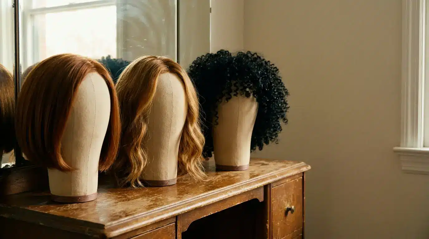 Wigs on mannequin heads displayed on wooden dresser in softly lit room