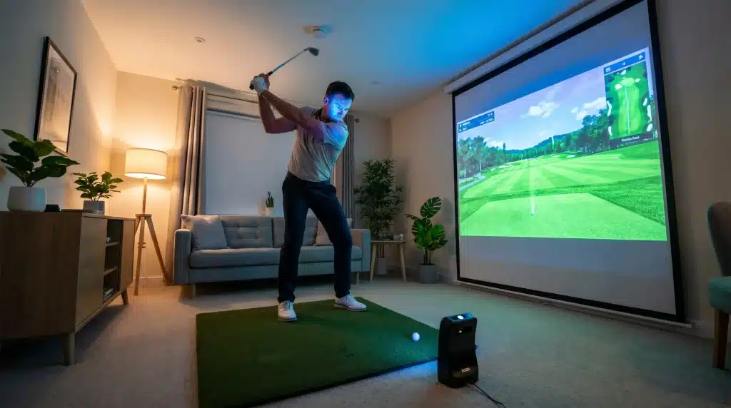 Man swinging golf club in living room with golf simulator screen and cozy decor