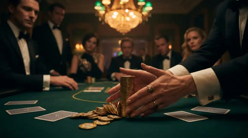 Poker game in elegant casino setting with players in formal wear, stacked chips on green table