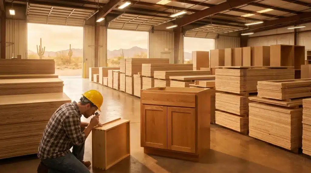 Worker inspecting wooden cabinet inside spacious warehouse with stacked plywood under warm lighting