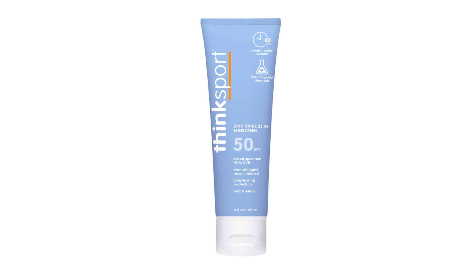 Tube of Thinksport SPF 50 zinc oxide mineral sunscreen