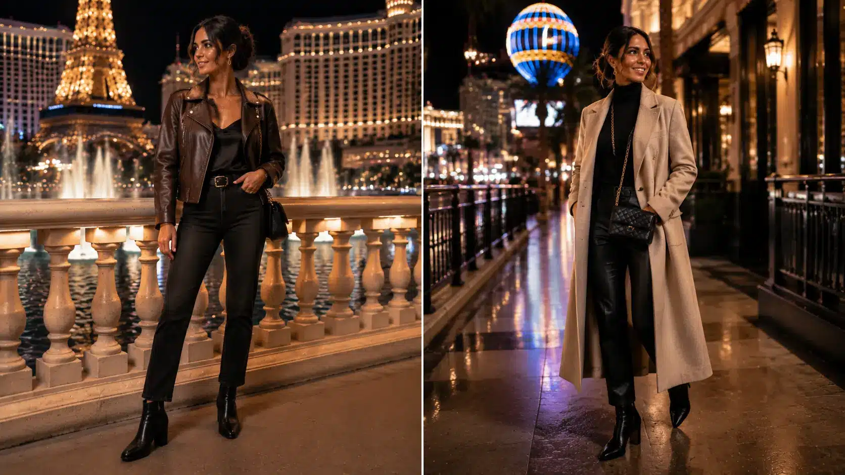Two women in Las Vegas fall and winter outfits, featuring a leather jacket with dark jeans and a wool coat with heeled boots