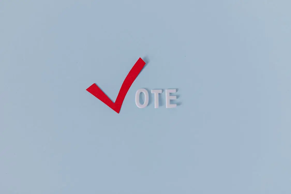 Red checkmark and white letters spelling "VOTE" on a light blue background