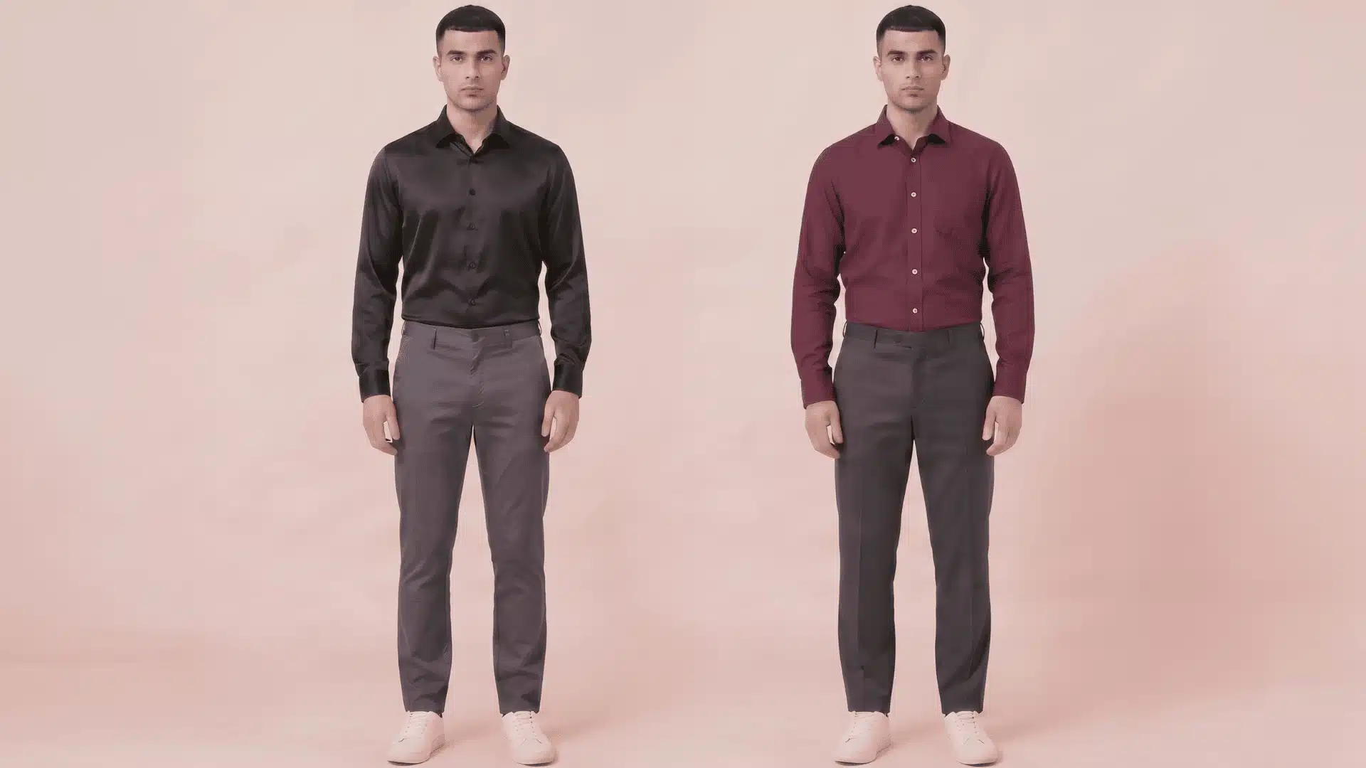 Collage showing a man wearing a black satin shirt with grey pants and a burgundy shirt with charcoal grey pants side by side in a neutral studio.