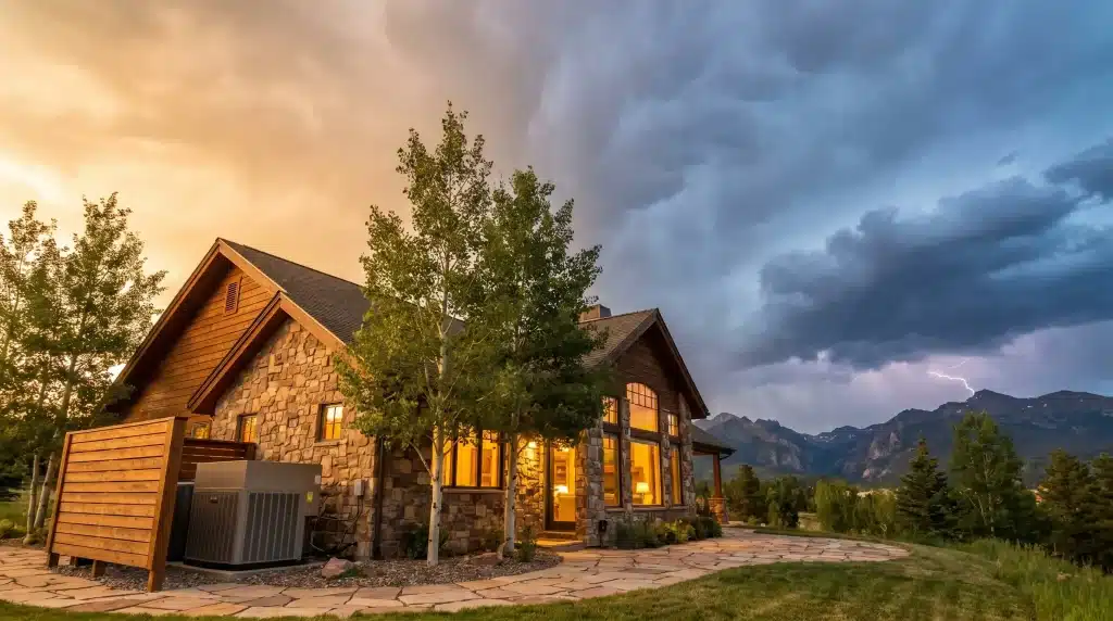 Rustic stone house with warm lighting under dramatic stormy sky and distant mountains