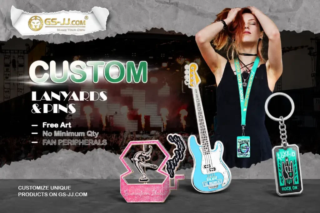 Custom lanyards and pins featuring a guitar and concert imagery on a stage backdrop