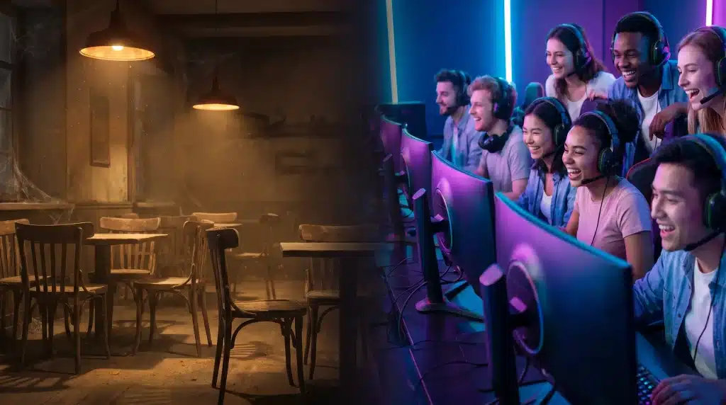Empty rustic cafe with wooden chairs and tables next to vibrant gaming room with young people playing