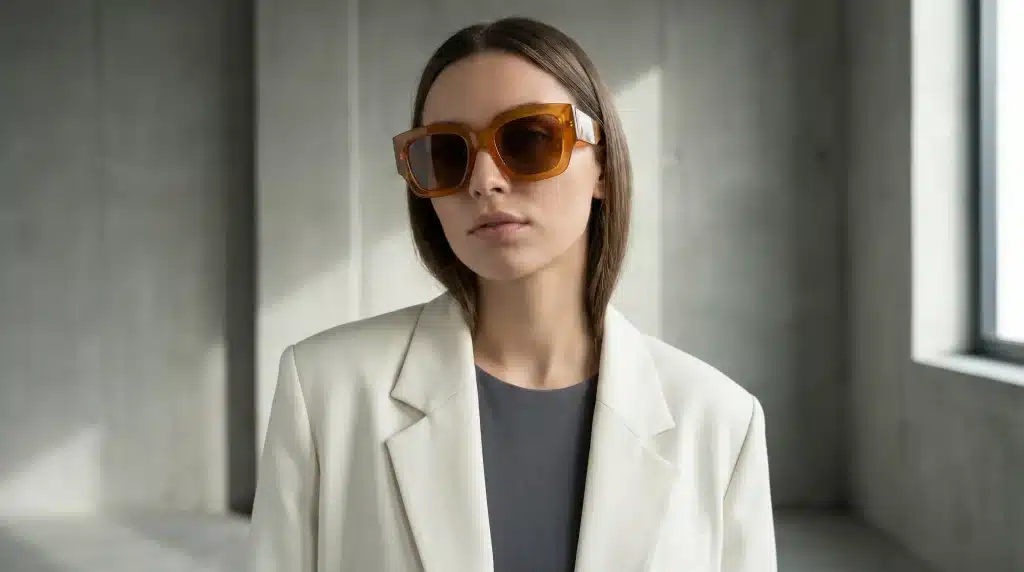 Woman wearing oversized brown sunglasses in minimalist indoor setting with soft natural lighting
