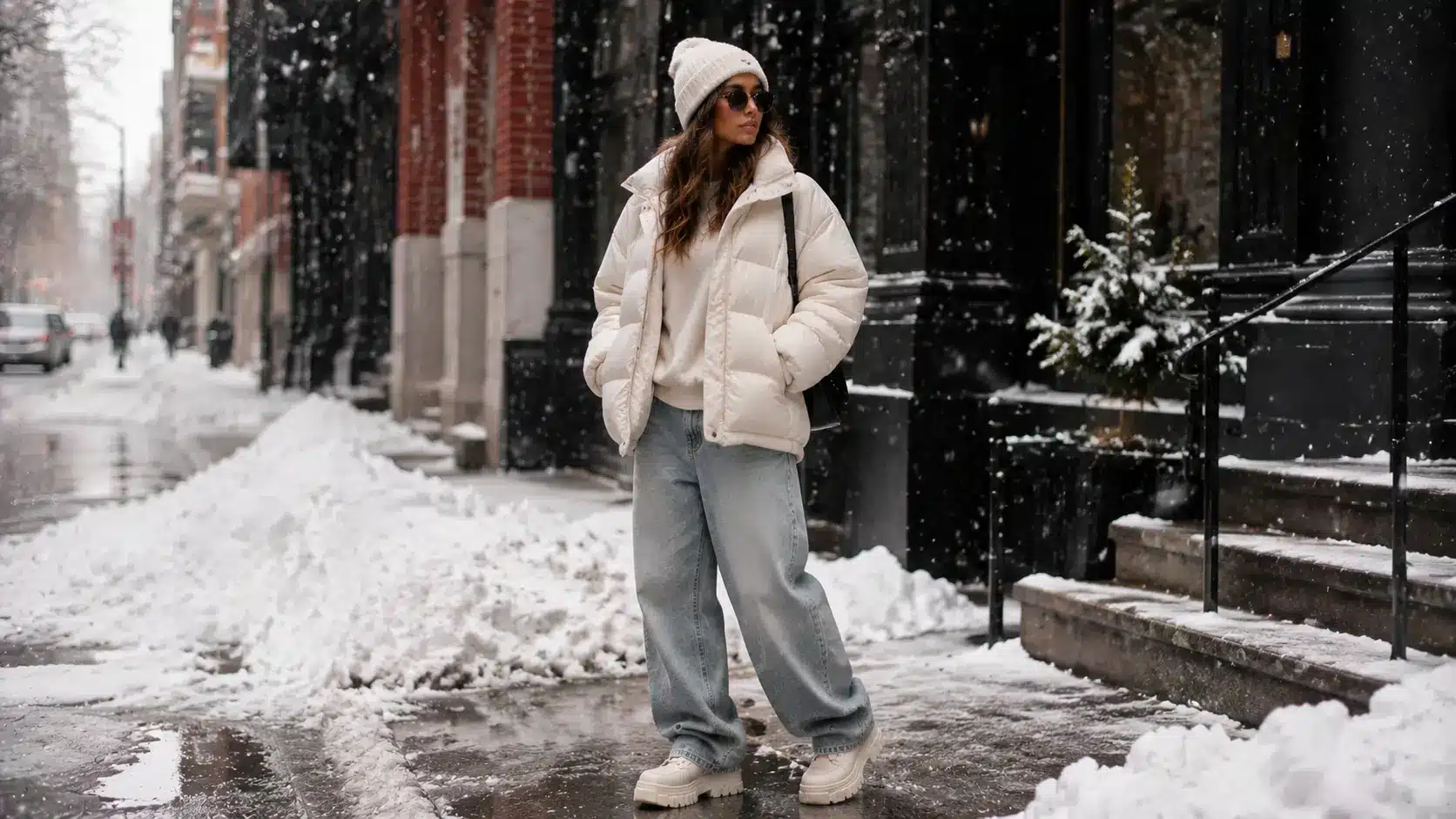 Winter layered outfit with baggy jeans and puffer jacket
