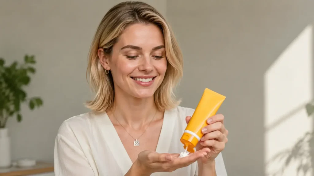 Woman applying mineral sunscreen from a yellow tube during a bright everyday skincare routine indoors