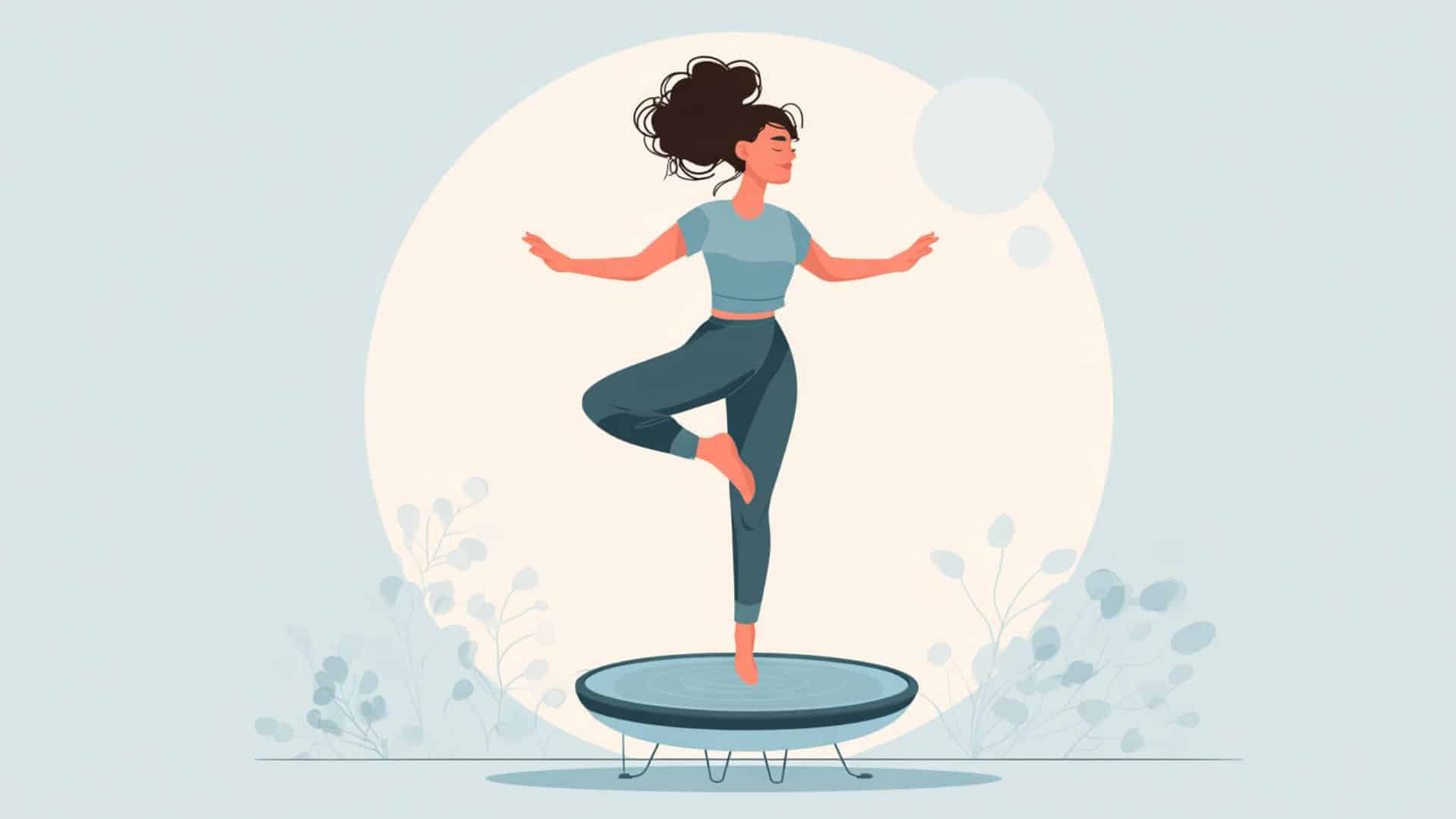 Woman doing a single-leg bounce on a mini trampoline in a minimalist fitness illustration