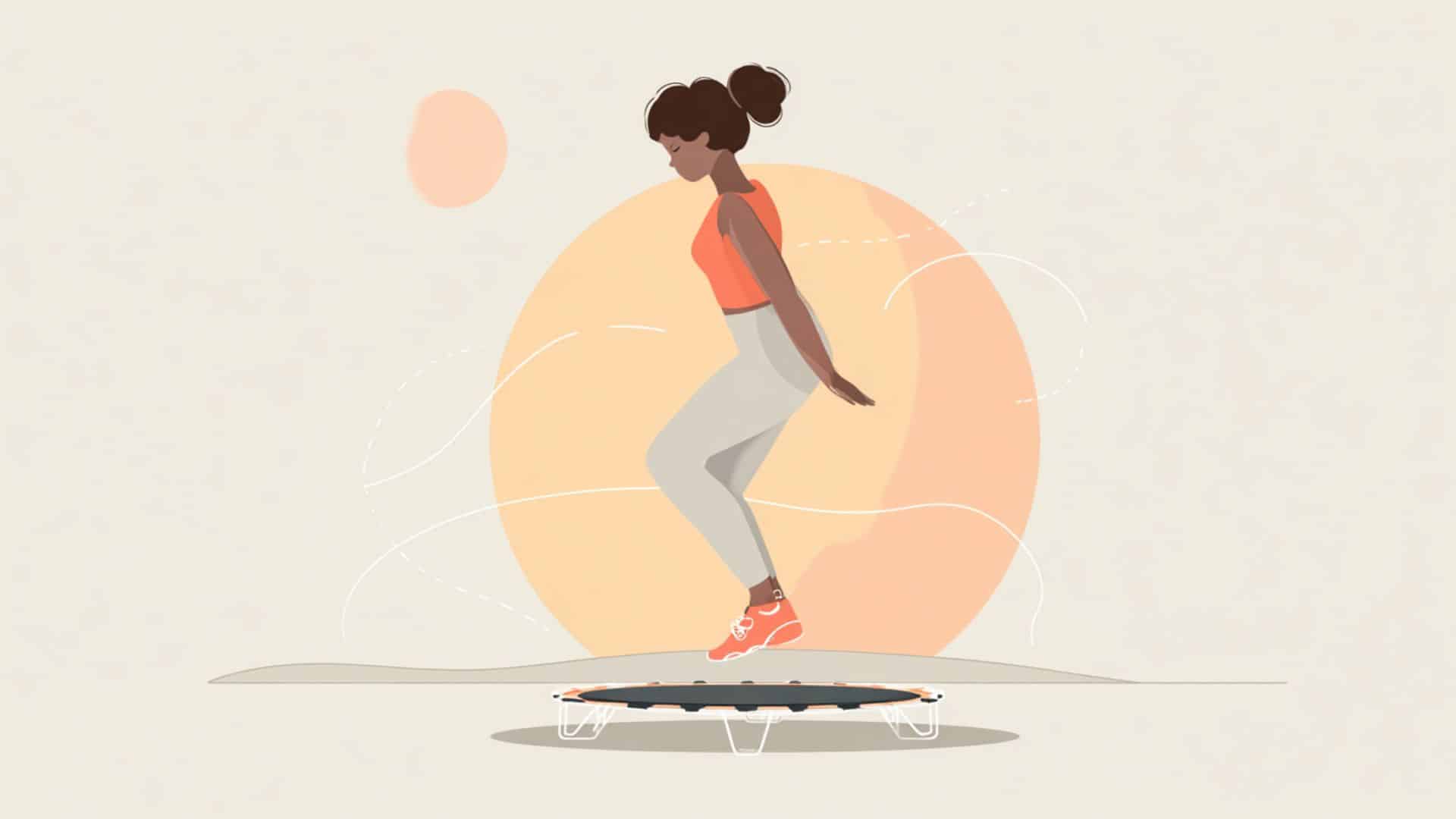 Woman doing heel-to-toe bounce exercises on a mini trampoline in a minimalist fitness illustration