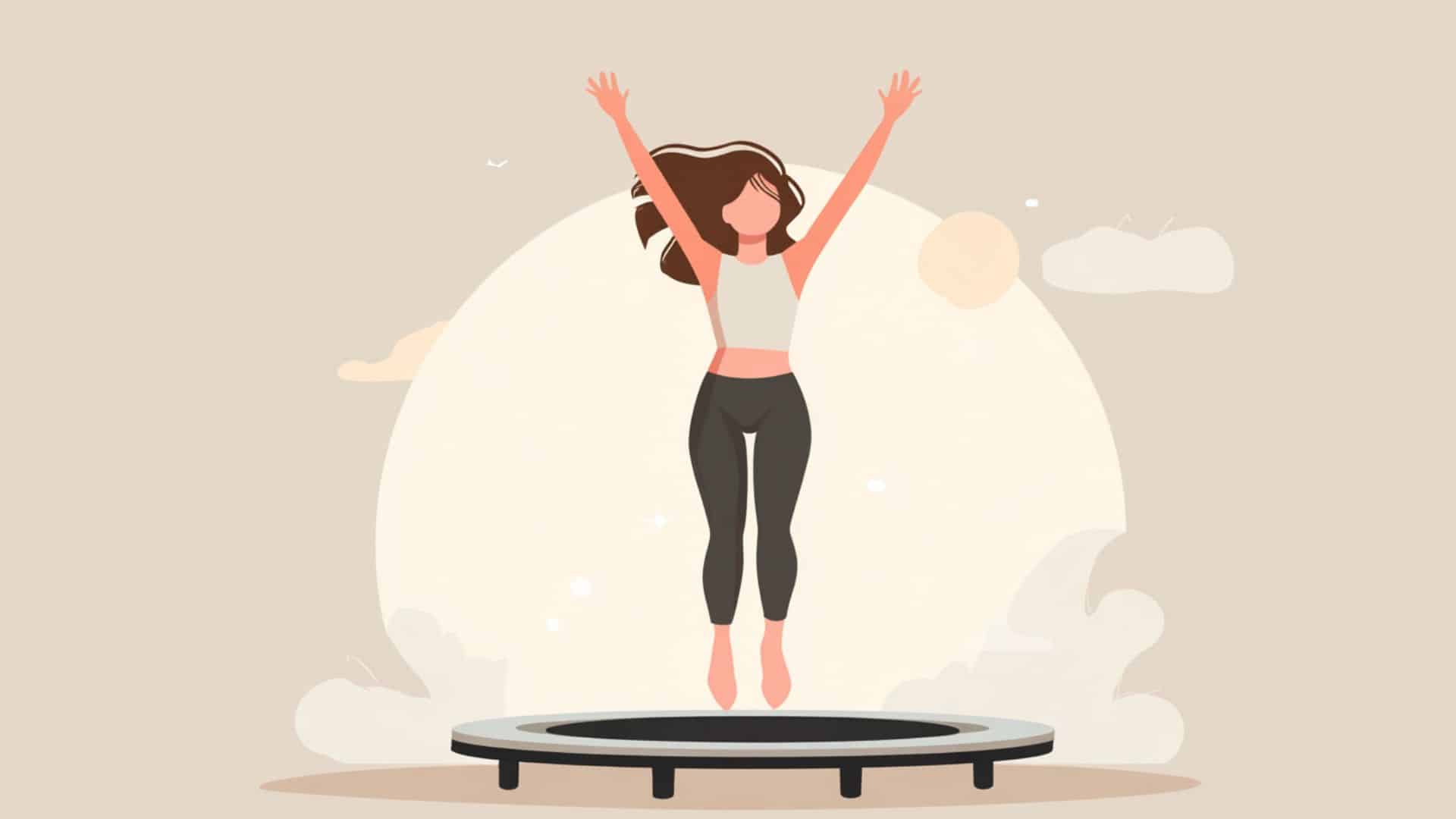 Woman doing jumping jacks on a mini trampoline in a simple fitness illustration