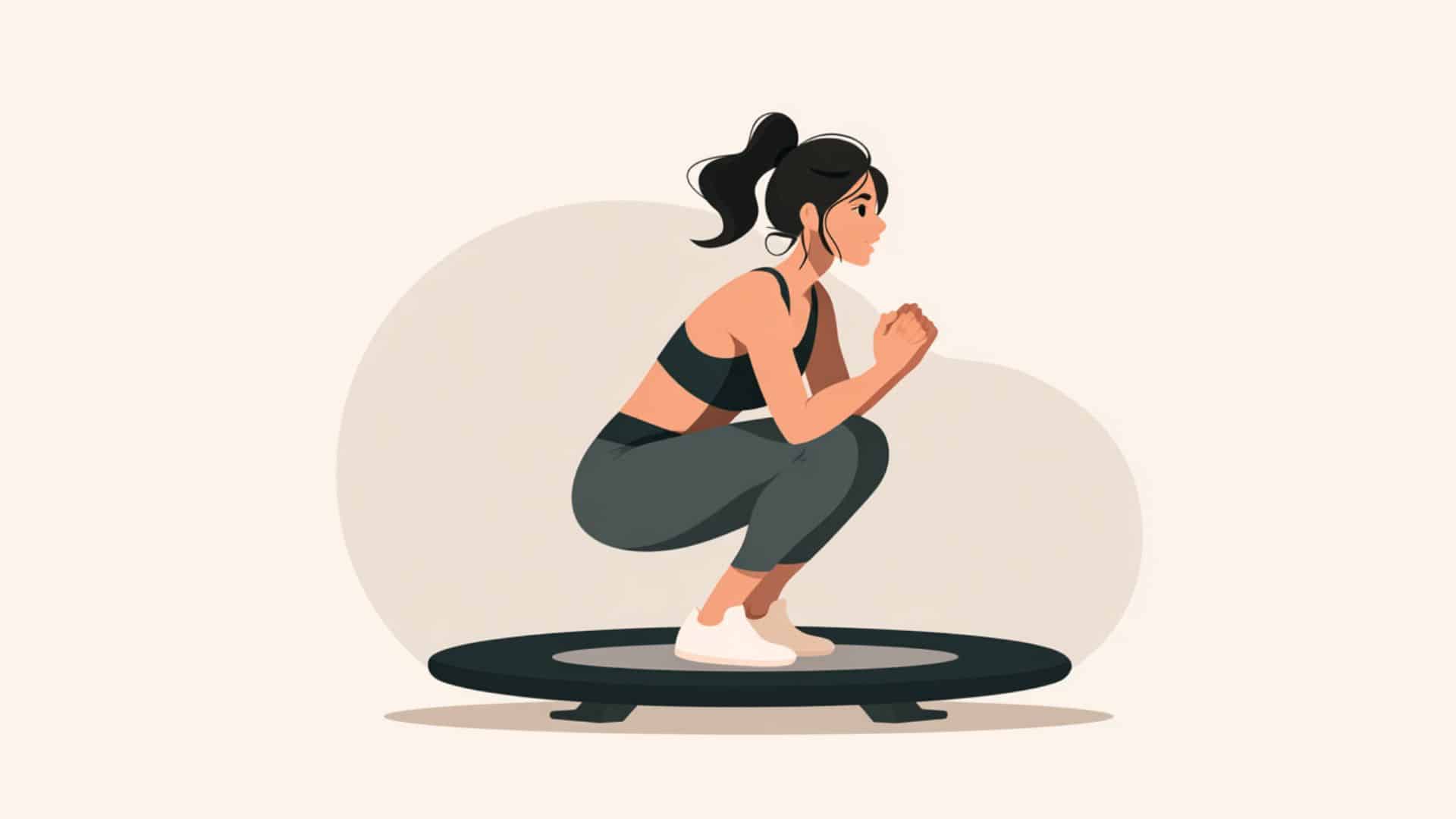 Woman doing squat jumps on a mini trampoline in a minimalist fitness illustration