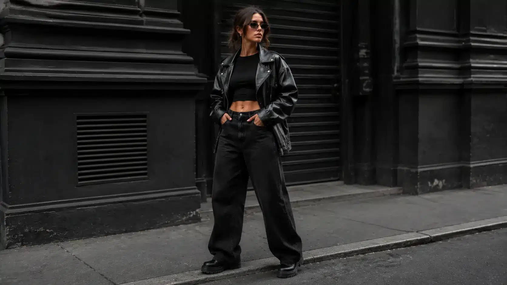 Woman in black baggy jeans and leather jacket