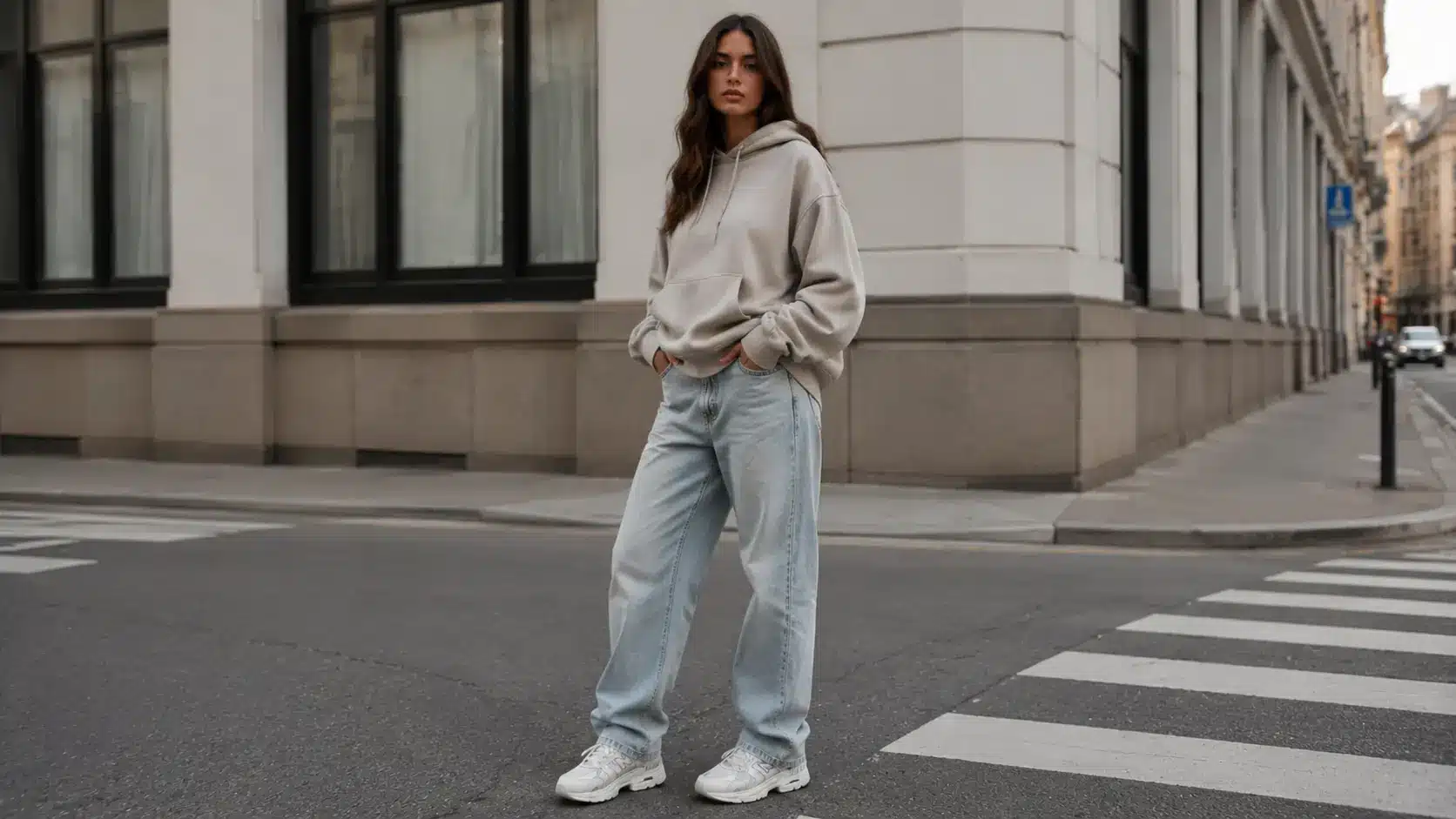 Woman in oversized hoodie and baggy jeans streetwear outfit
