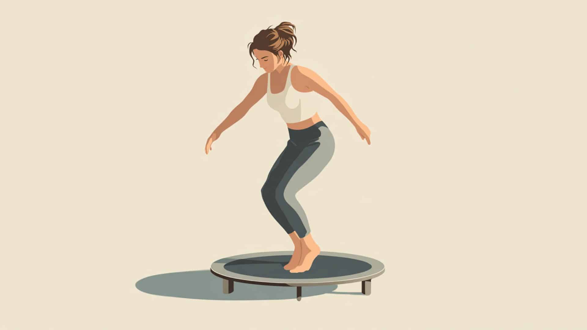 Woman performing twist bounce exercise on a mini trampoline with controlled side-to-side hip movement