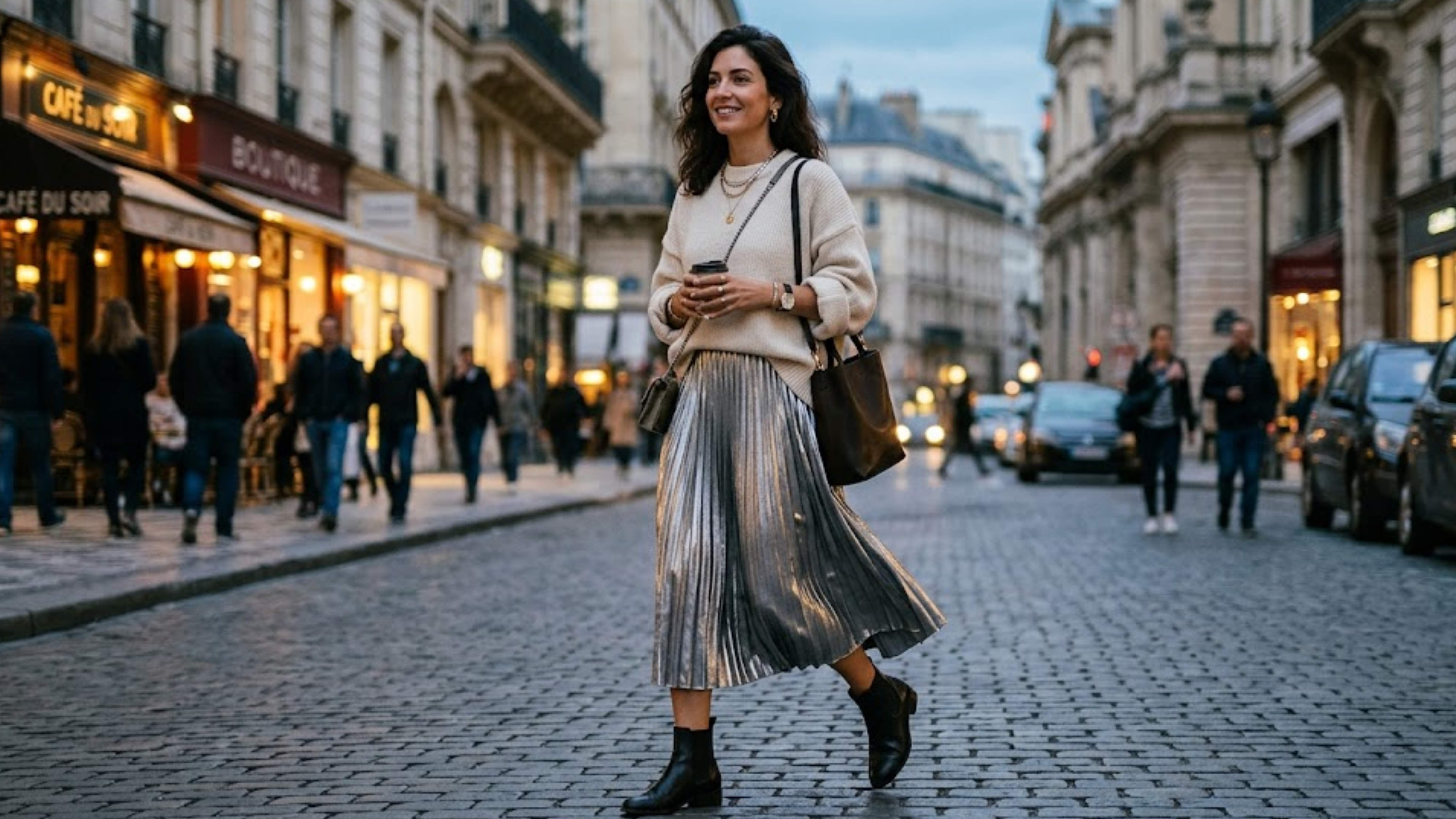 woman-styling-a-metallic-skirt-with-an-oversized-sweater-for-a-relaxed-maximalist-look