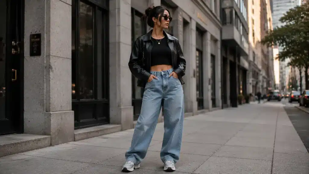 Woman styling baggy jeans in a clean and polished way
