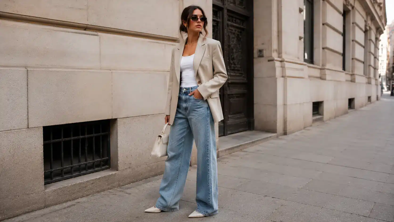 Woman styling baggy jeans with blazer and heels