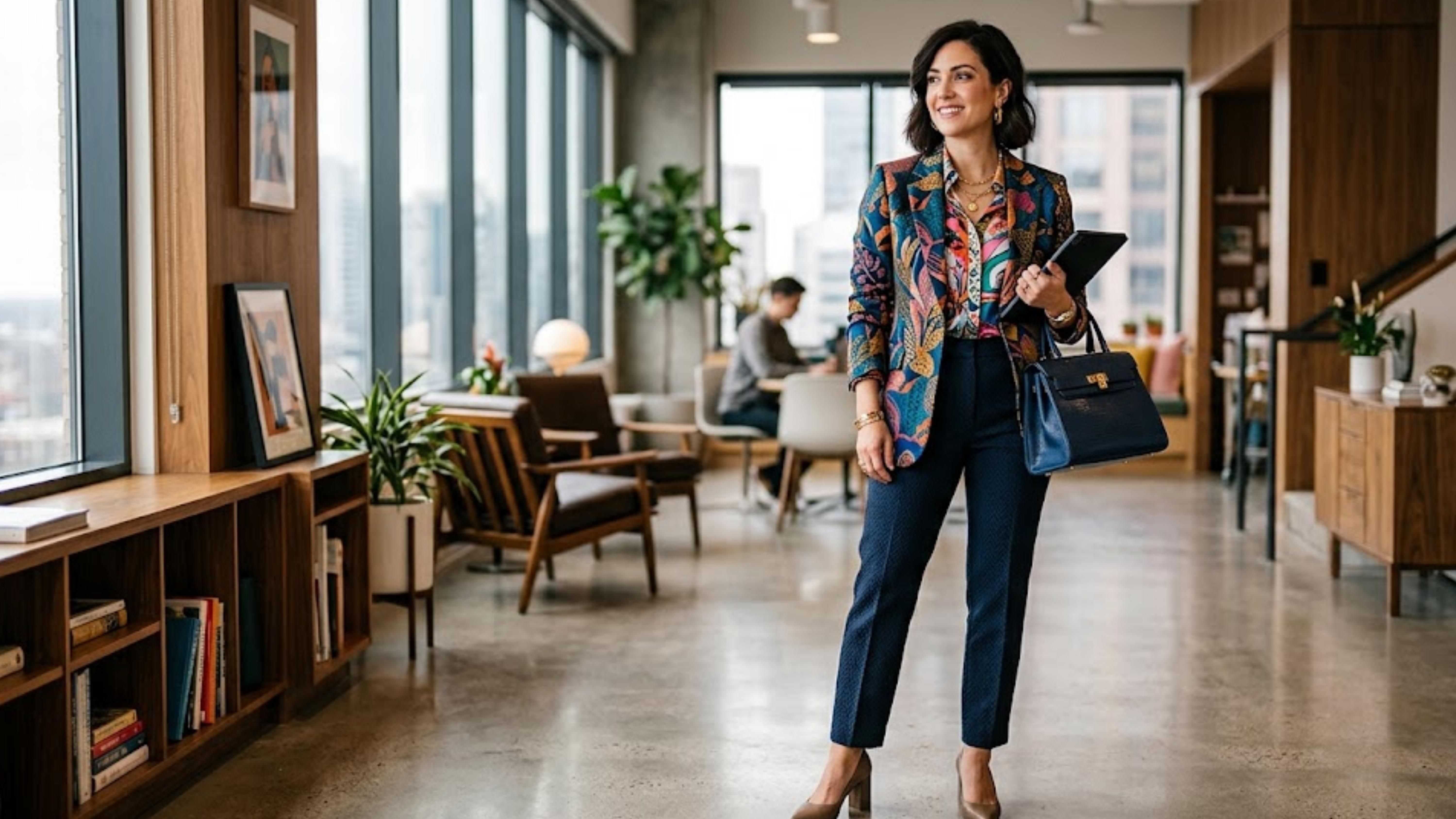woman-wearing-a-colorful-blazer-and-printed-blouse-in-a-polished-maximalist-office-outfit