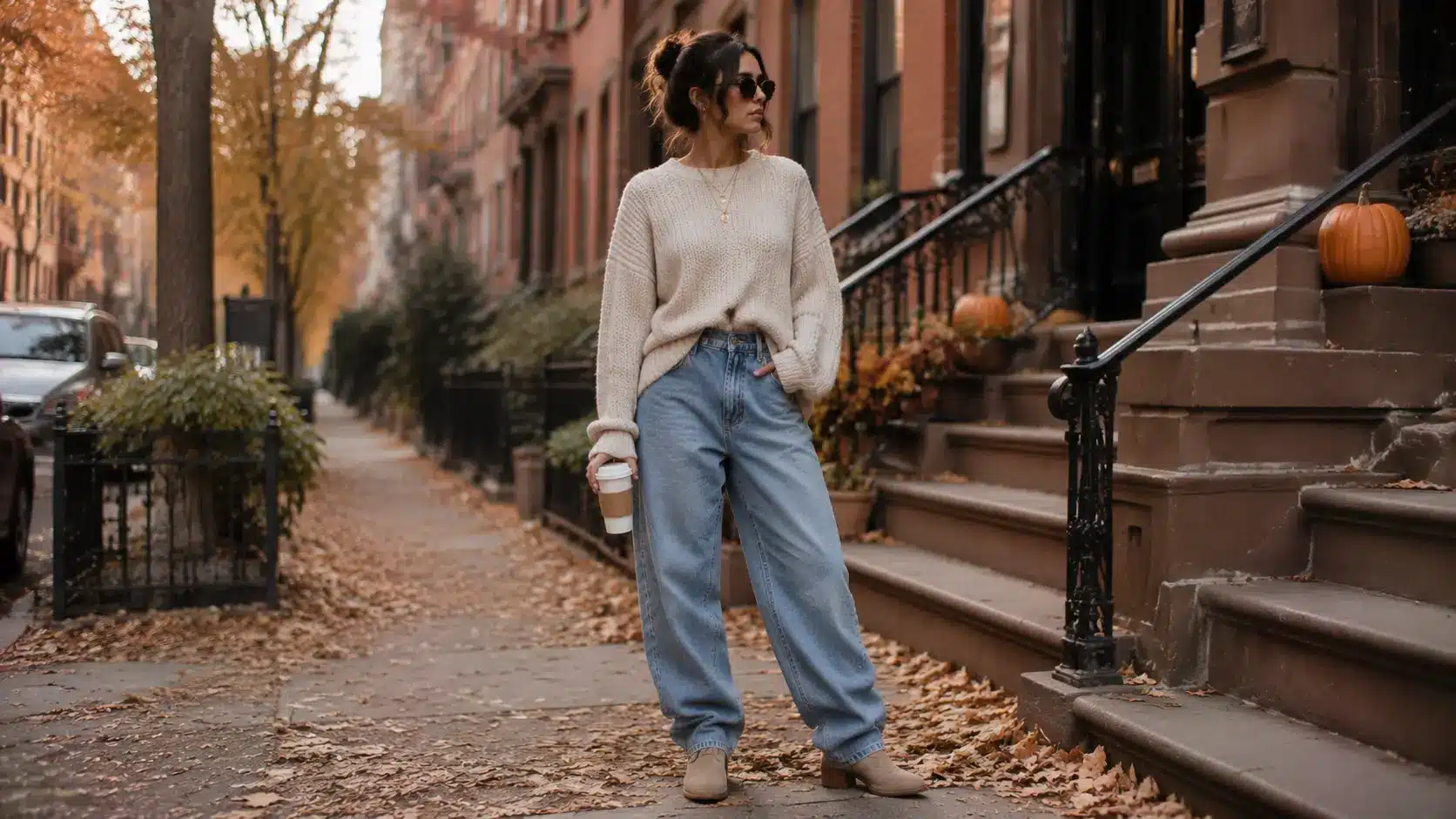 Woman wearing knit sweater with baggy jeans