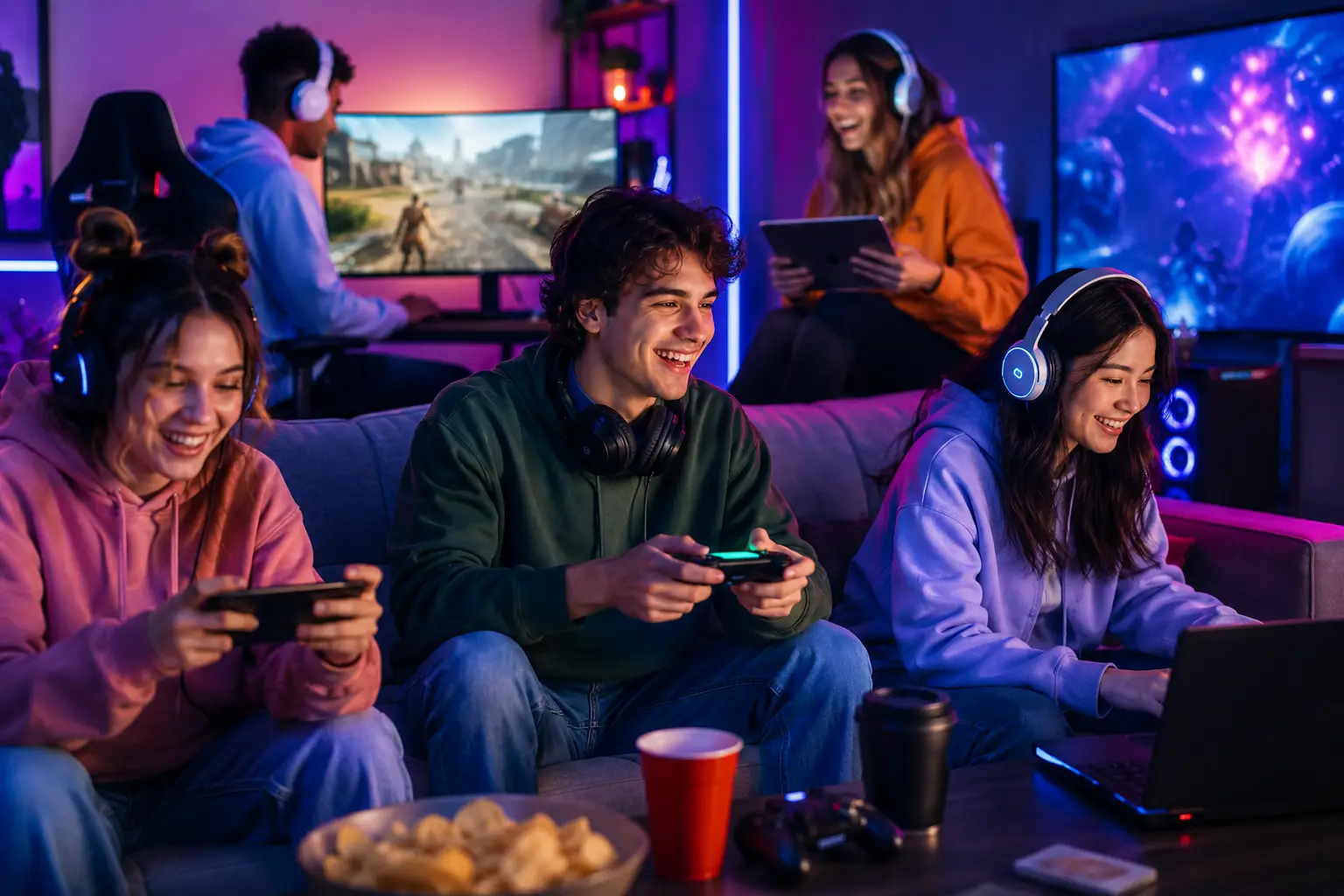 Group of young friends gaming on various devices in a cozy room with colorful LED lighting