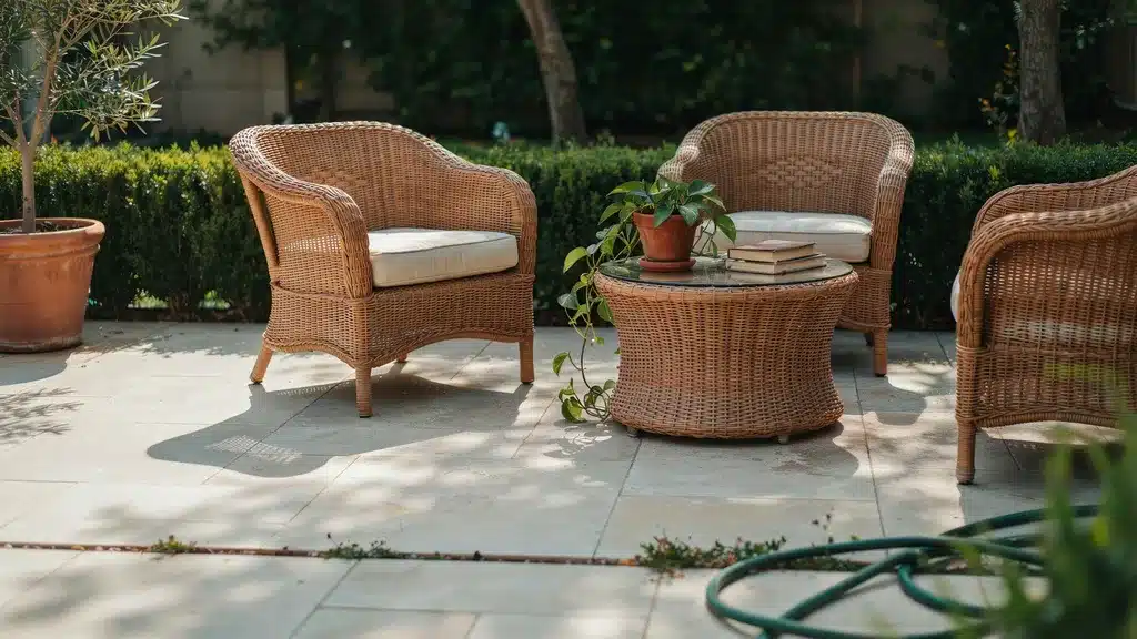 Wicker and rattan outdoor furniture on a patio, clean and sunlit