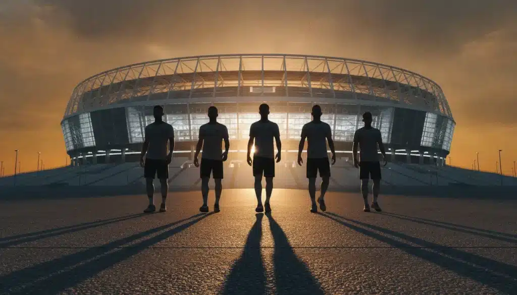 Football players walking towards modern stadium at sunset, casting long shadows