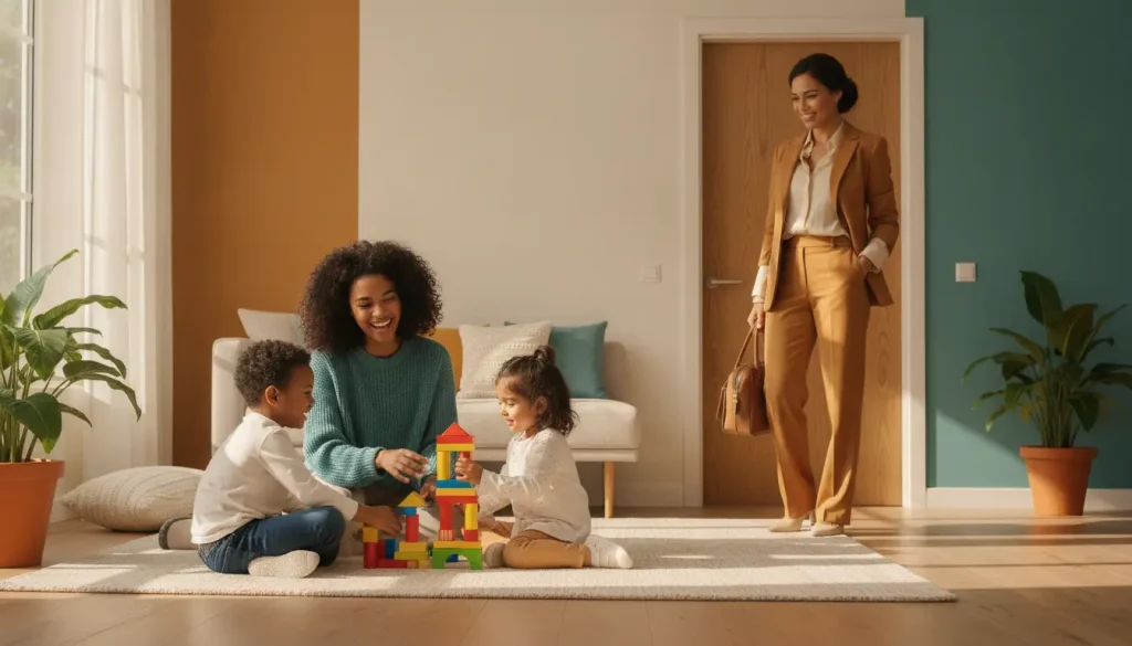 Family building colorful block tower on living room rug with a professional woman entering