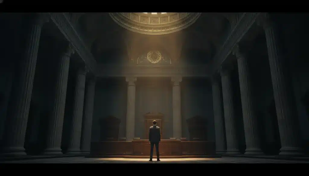 Man in suit standing in grand courtroom with ornate pillars and warm lighting