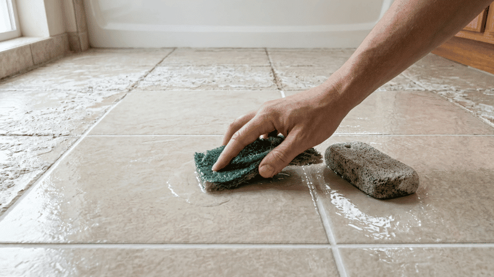Tile surface restored and free of hard water buildup after scrubbing with abrasive tools.