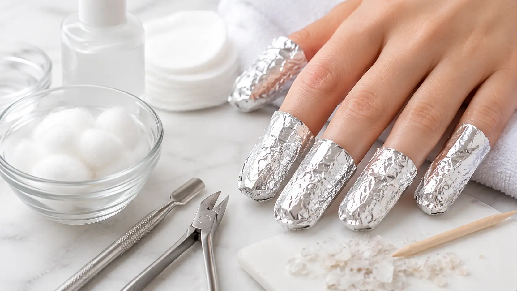 Acetone-soaked cotton and foil wrapped around nails to remove glue