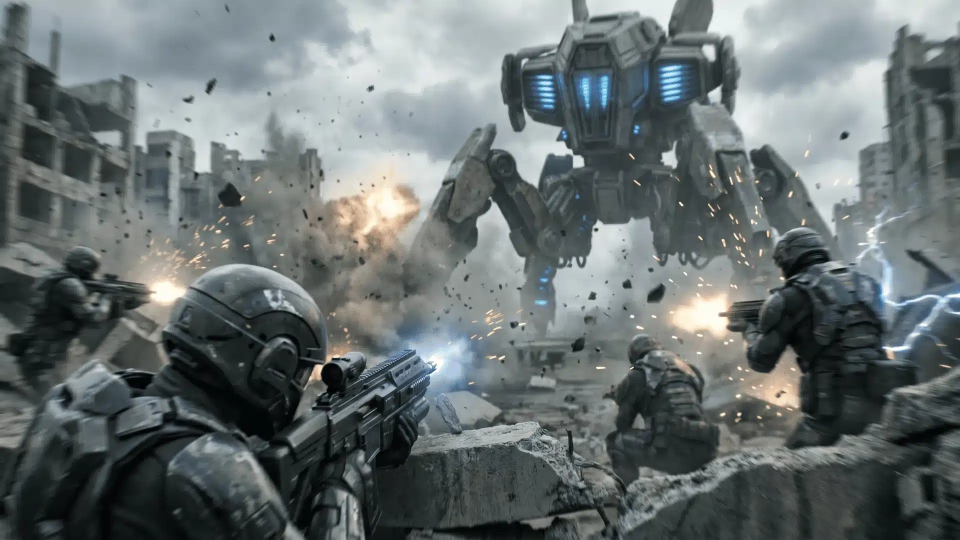 Intense battle between soldiers and a giant machine in a destroyed futuristic city with explosions and debris.