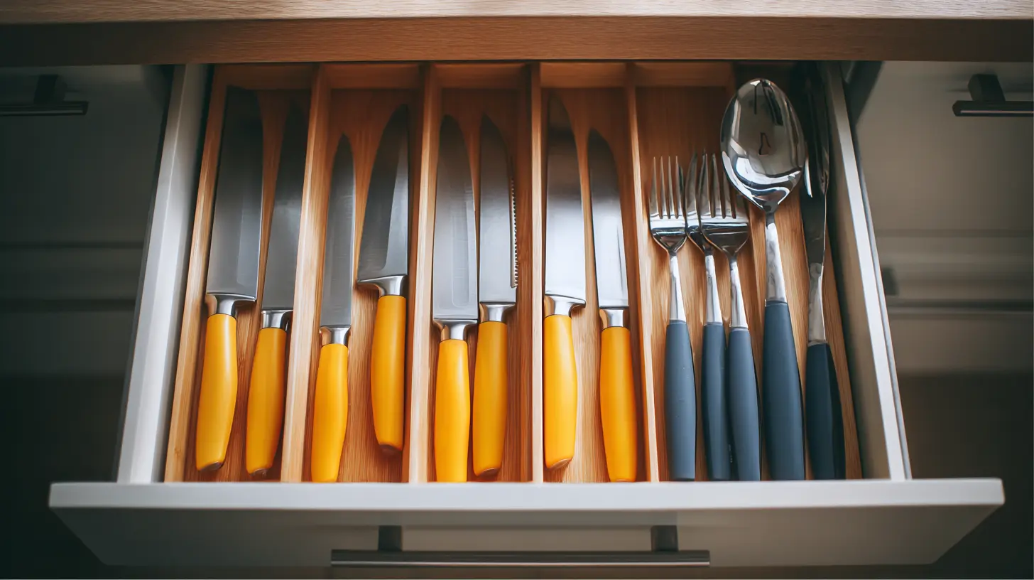 Kitchen knives in a drawer with individual blade guards protecting edges and fingers.