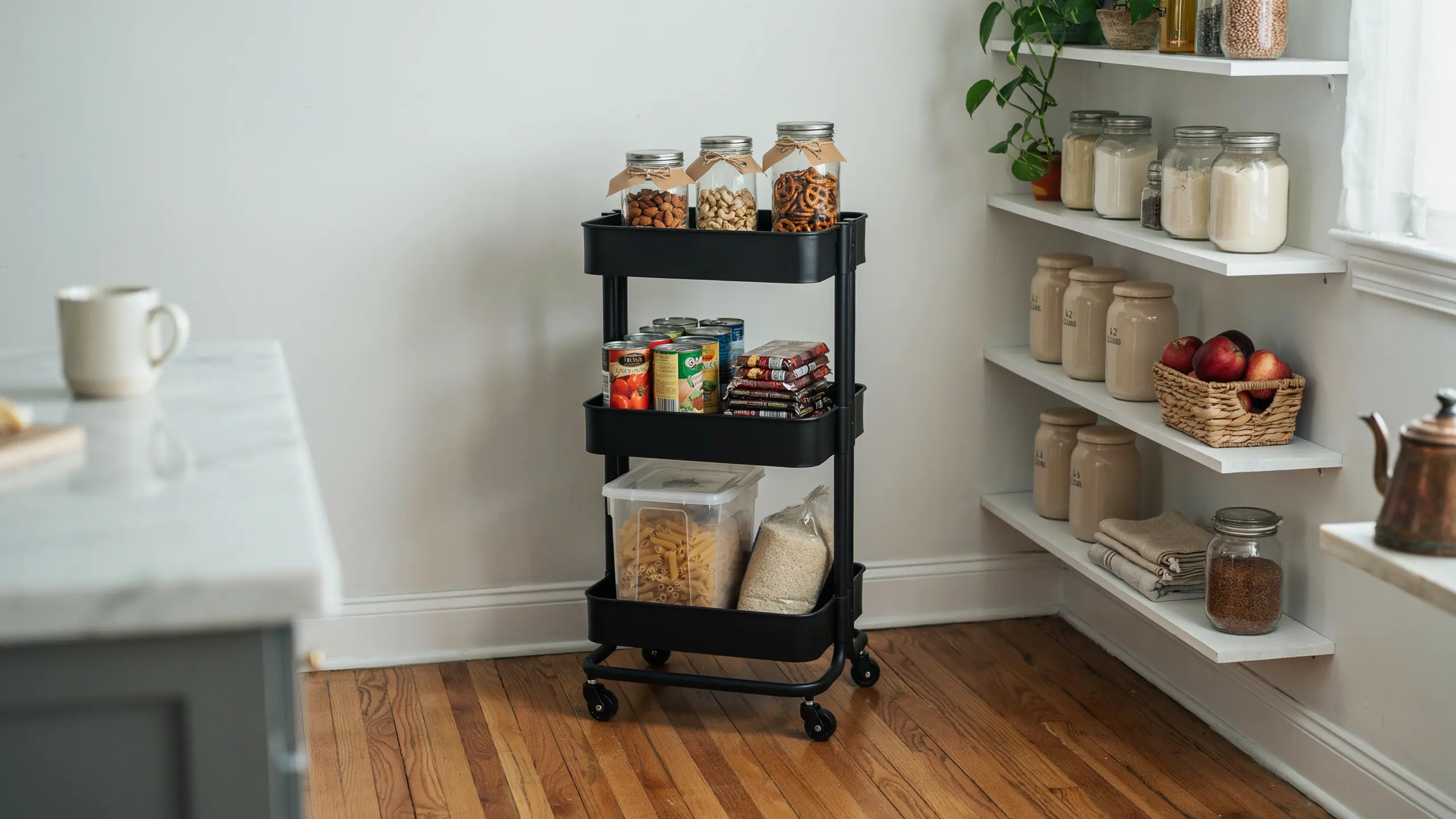 Black rolling pantry cart with jars, canned goods, and pasta organized on shelves.