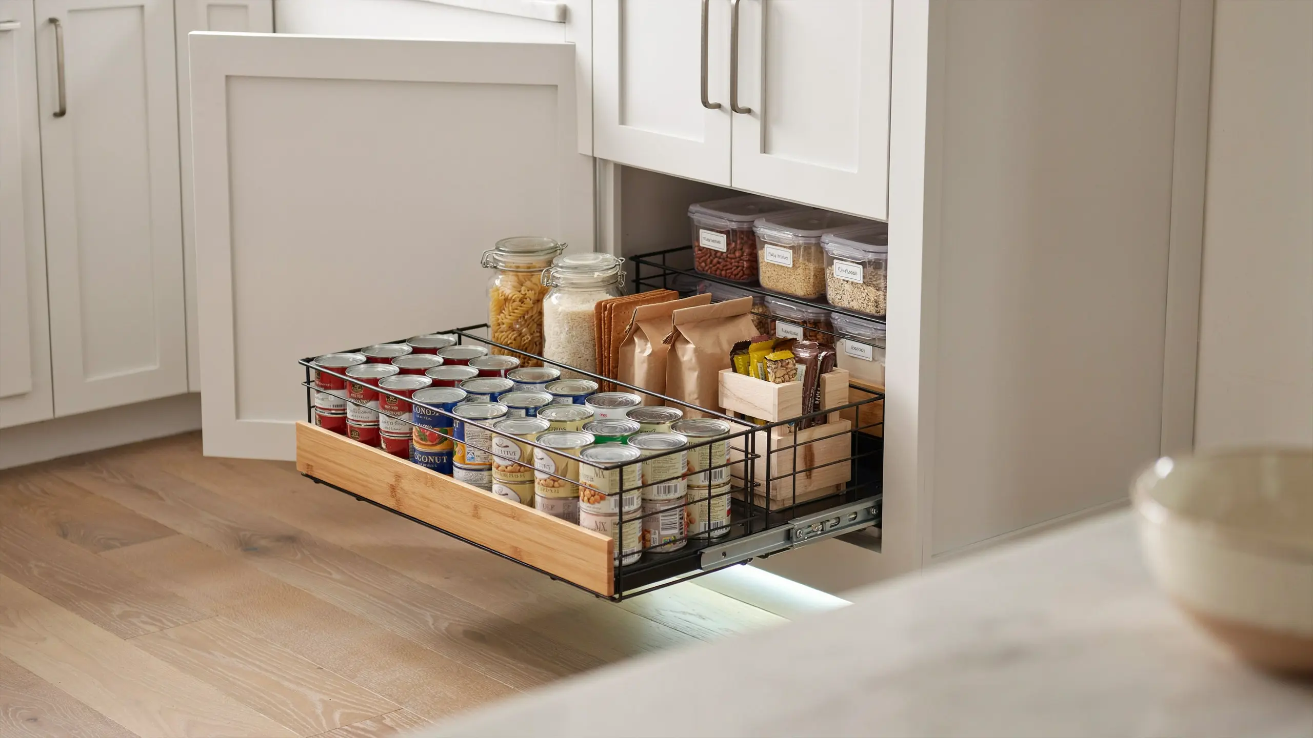 Deep pantry with pull-out wire bins holding canned goods and packaged foods for easy access and organization.