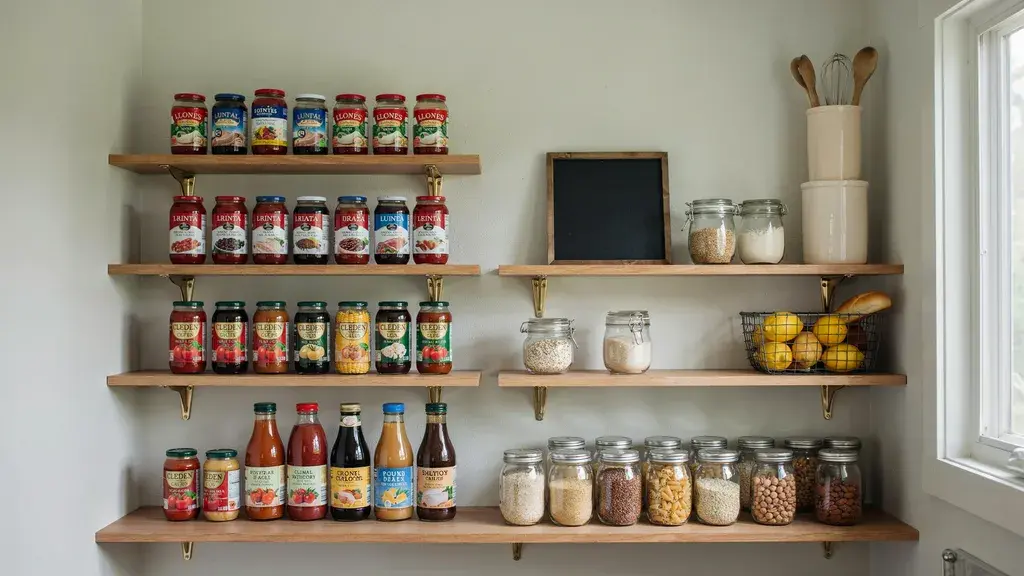Wooden shelf risers organizing cans, jars, and snacks for easy access.