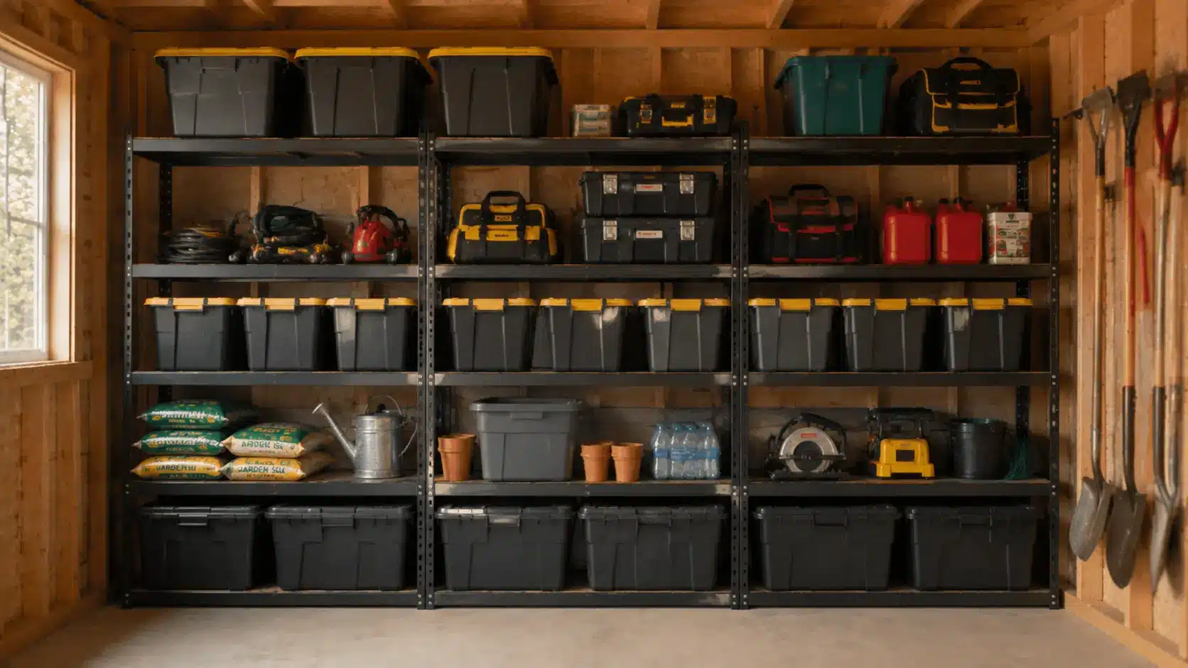Adjustable shelving inside a shed