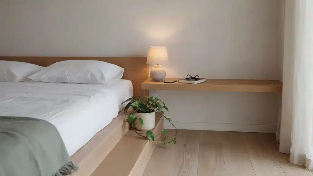 A modern bedroom setup with a floating shelf mounted beside the bed instead of a traditional nightstand. The shelf holds a small lamp, phone, and book in a clean arrangement. Bed is neatly made, walls are light and uncluttered, soft warm lighting.