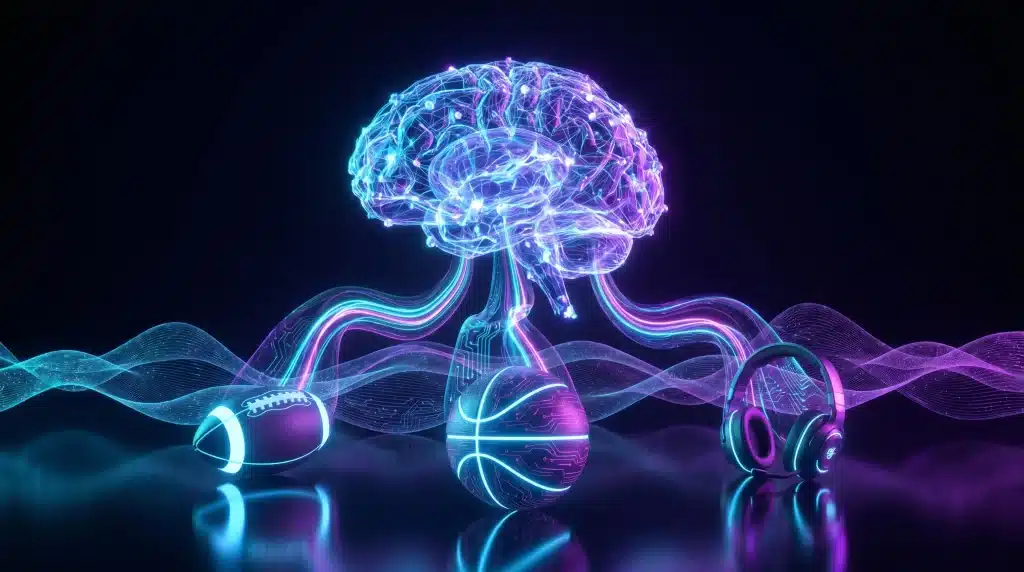 Glowing neon brain with digital wires connected to football, basketball, and headphones on dark background