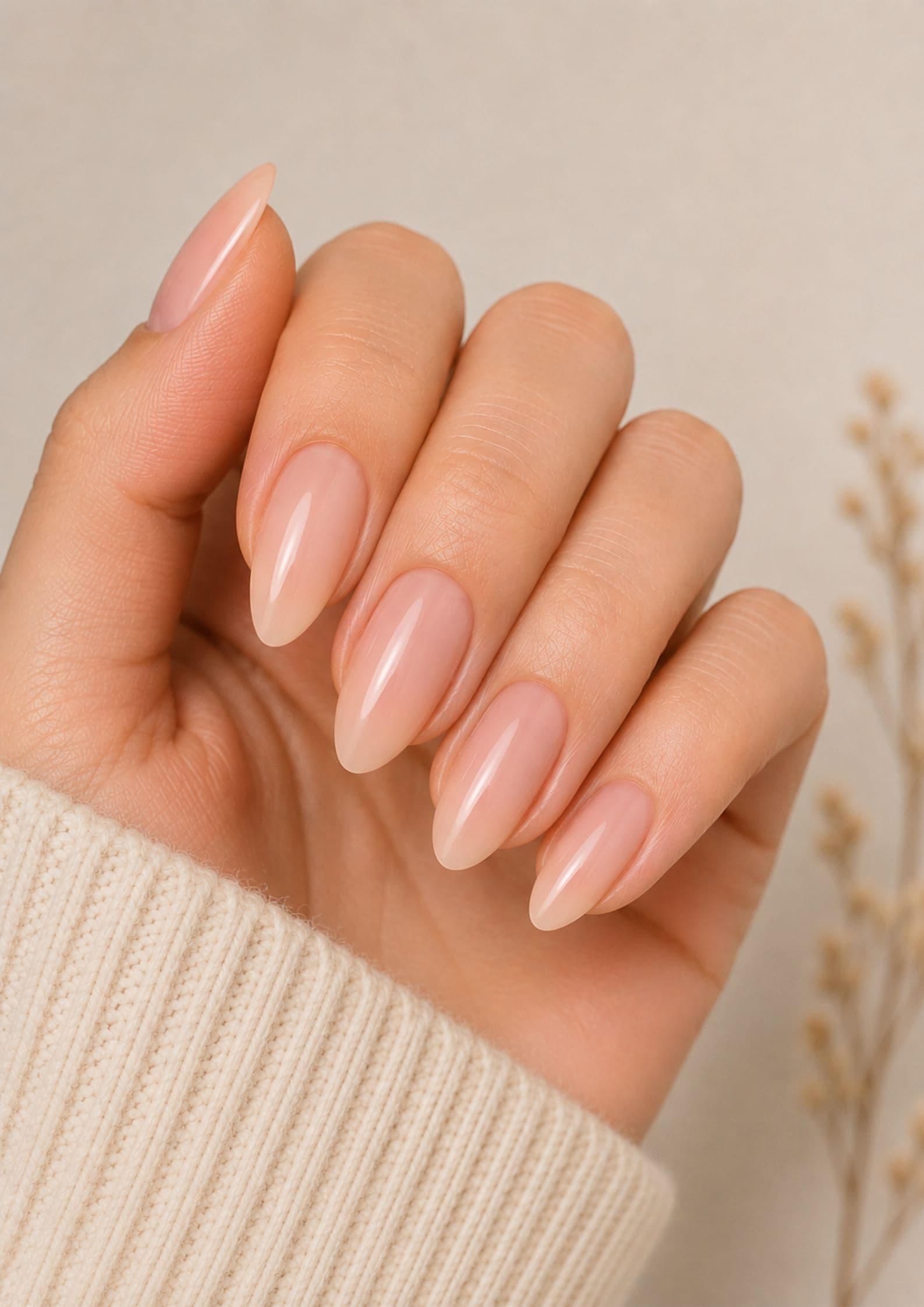 Almond nude pink nails with tapered sides and soft pointed tips