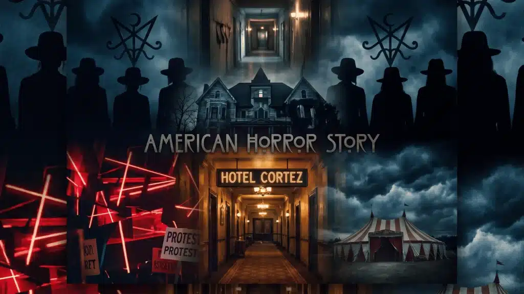 Cinematic collage showing iconic American Horror Story seasons in a dark atmospheric composition.