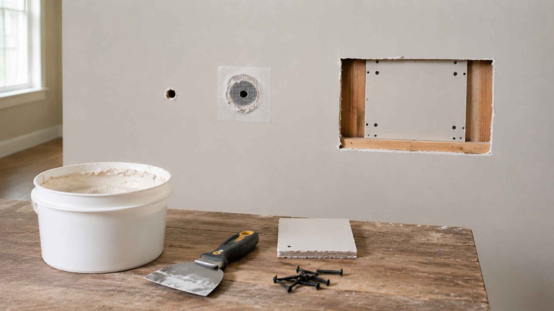 Mesh patch applied over hole with drywall insert and screws.