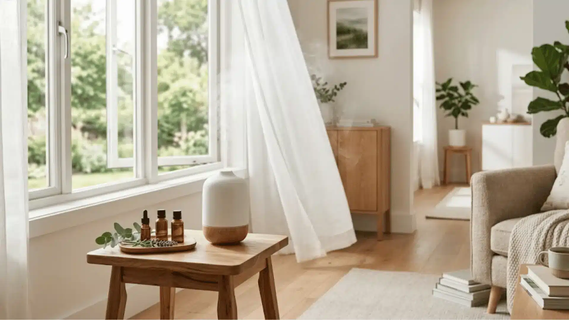 Essential oil diffuser releasing light mist in a well-ventilated room, showing safe and balanced use of aromatherapy at home.