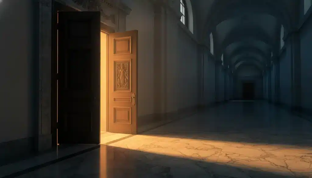 Open wooden door with light streaming into dimly lit marble hallway