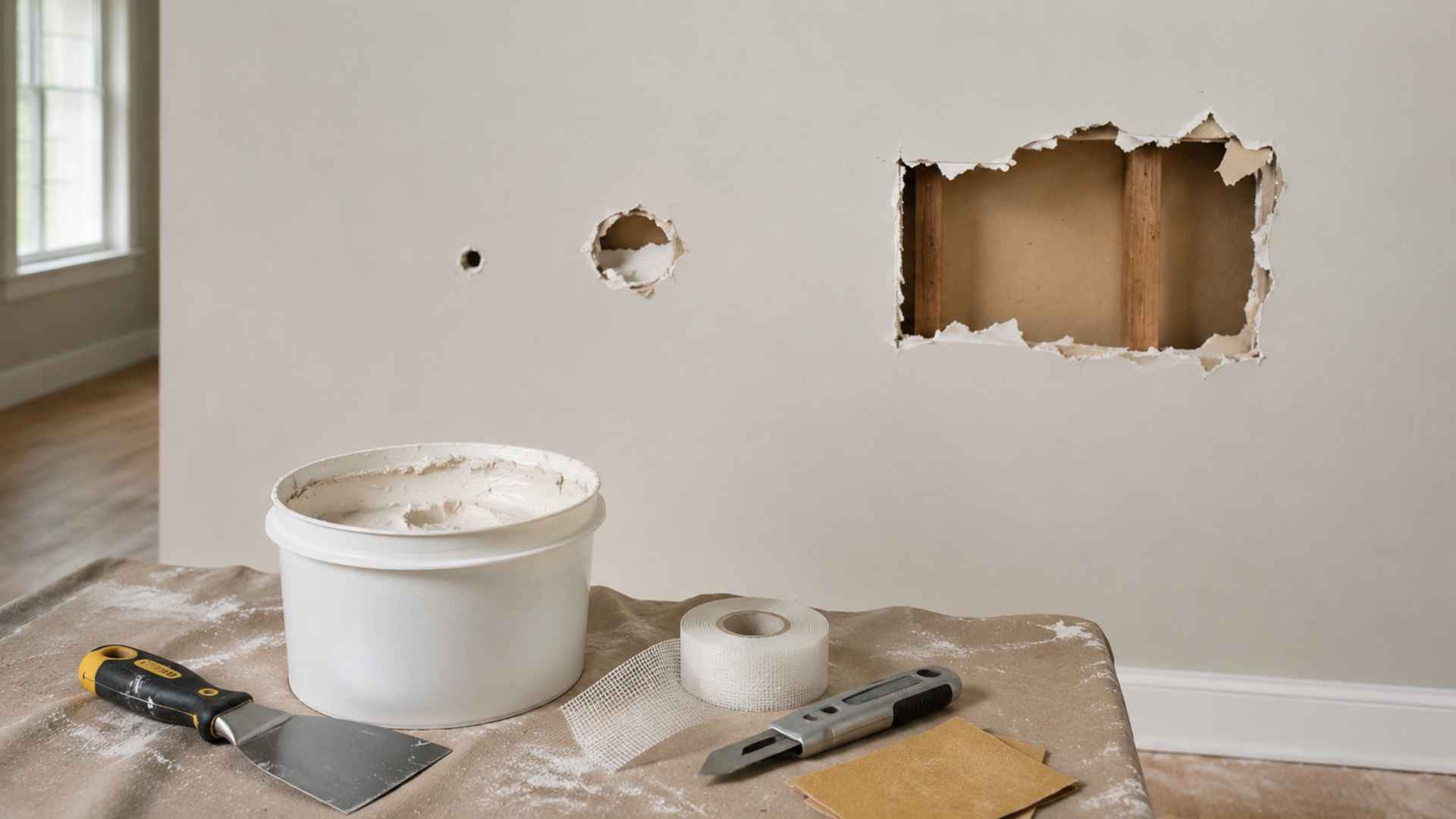 Damaged drywall wall with tools and repair materials nearby.