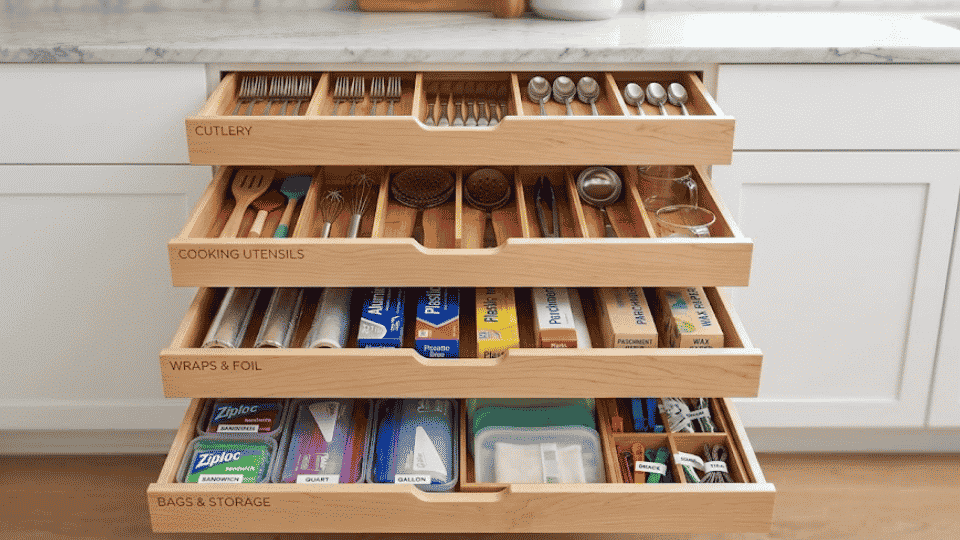 Multiple drawers neatly organized: cutlery, cooking tools, wraps & foil, bags & storage.